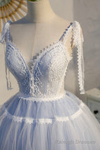 Blue Lace Short A Line Prom Dress, Cute Spaghetti Strap Prom Dress