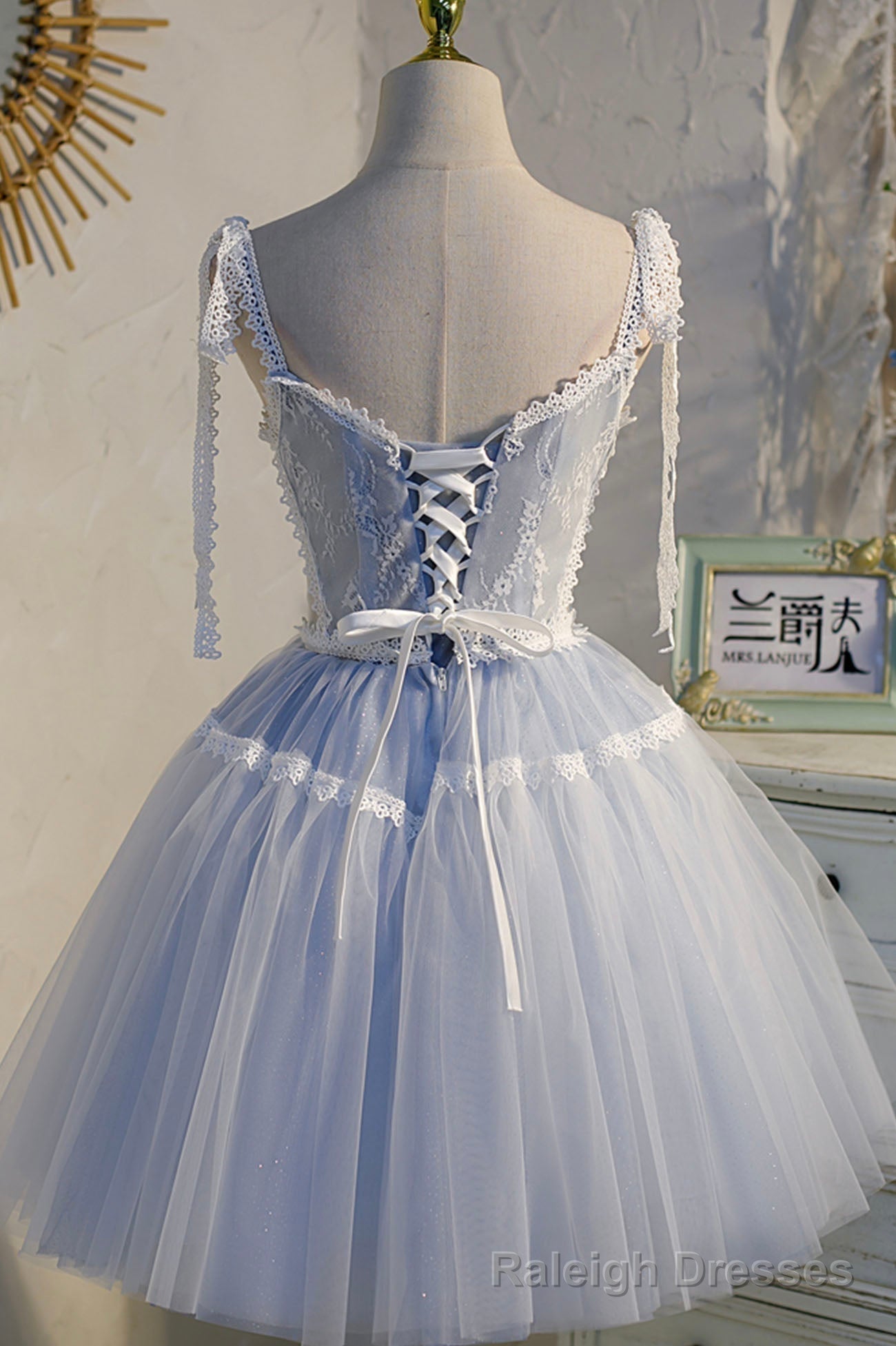 Blue Lace Short A Line Prom Dress, Cute Spaghetti Strap Prom Dress