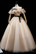 Champagne Tulle Long Prom Dresses, A-Line Princess Evening Dress