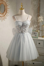 Gray Tulle Short A Line Prom Dress, Cute Prom Prom Dress