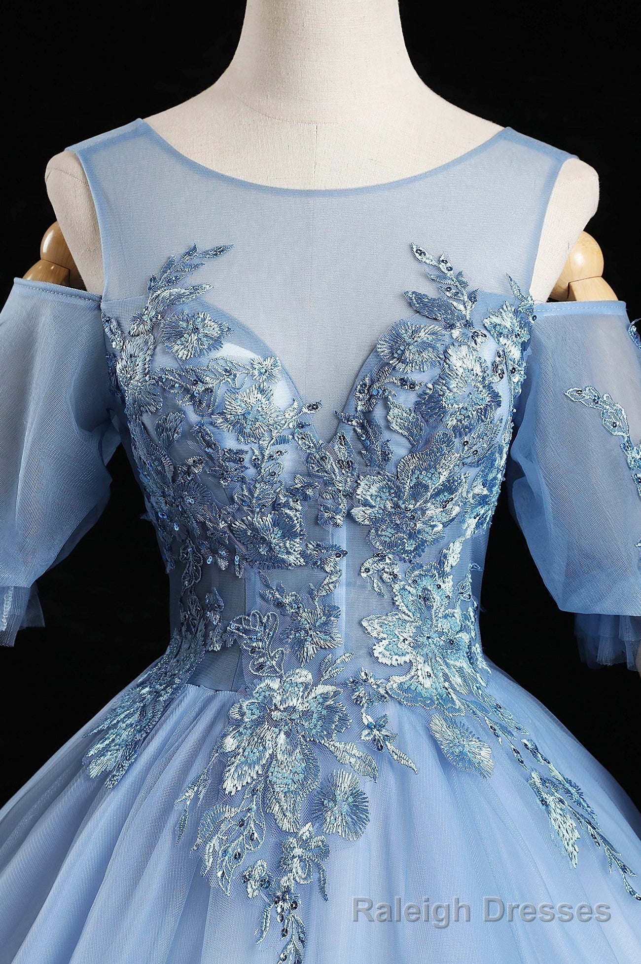 Blue Lace Long A Line Prom Dresses, Blue Prom Dresses