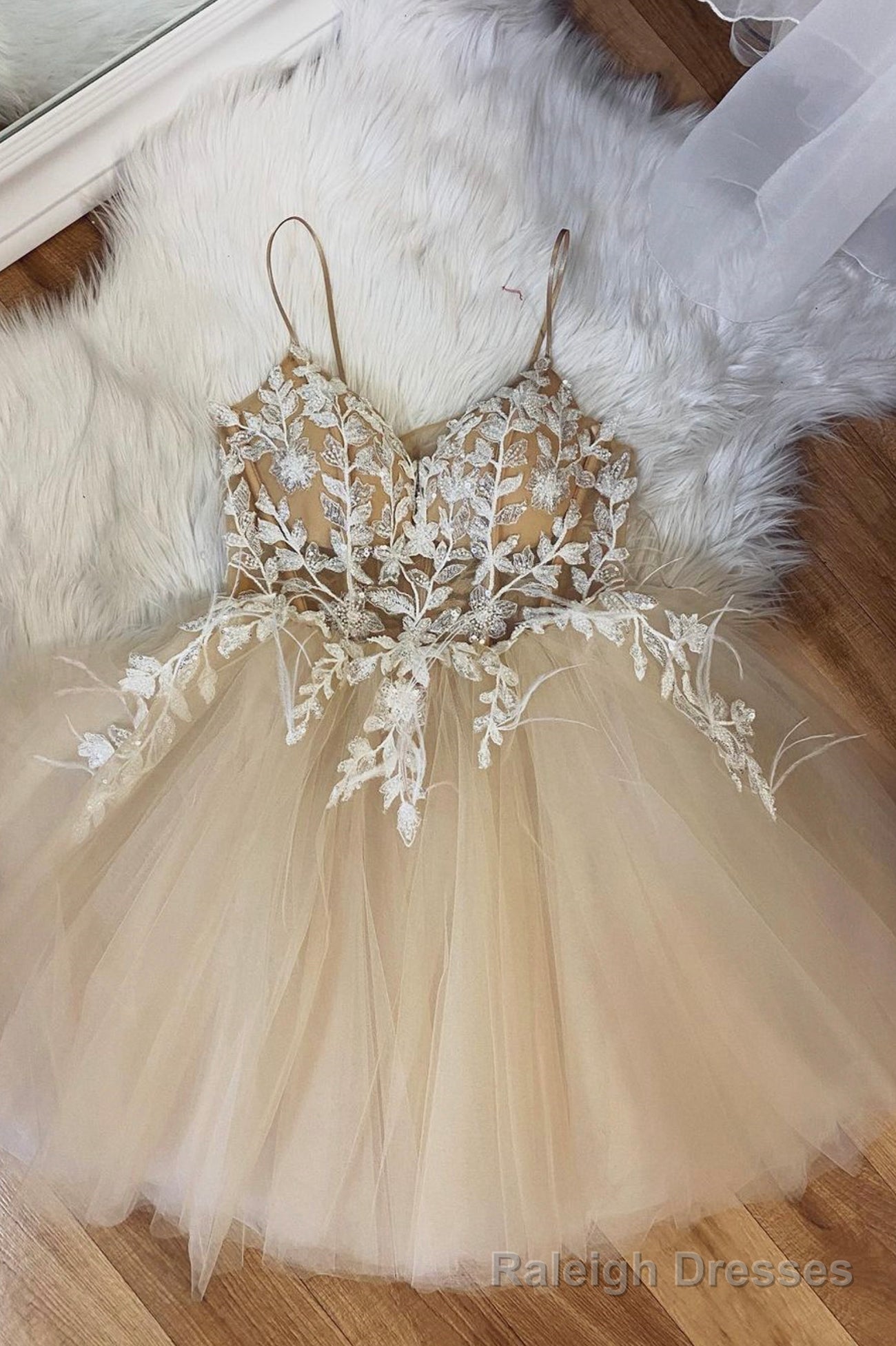 Champagne Spaghetti Lace Short Prom Dresses, A Line Prom Dresses Main image