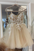 Champagne Spaghetti Lace Short Prom Dresses, A Line Prom Dresses