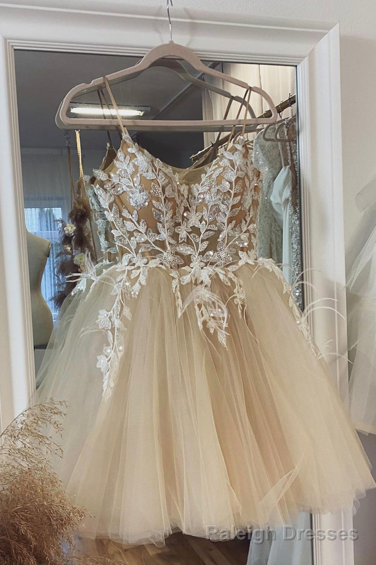 Champagne Spaghetti Lace Short Prom Dresses, A Line Prom Dresses