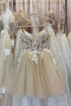 Champagne Spaghetti Lace Short Prom Dresses, A Line Prom Dresses