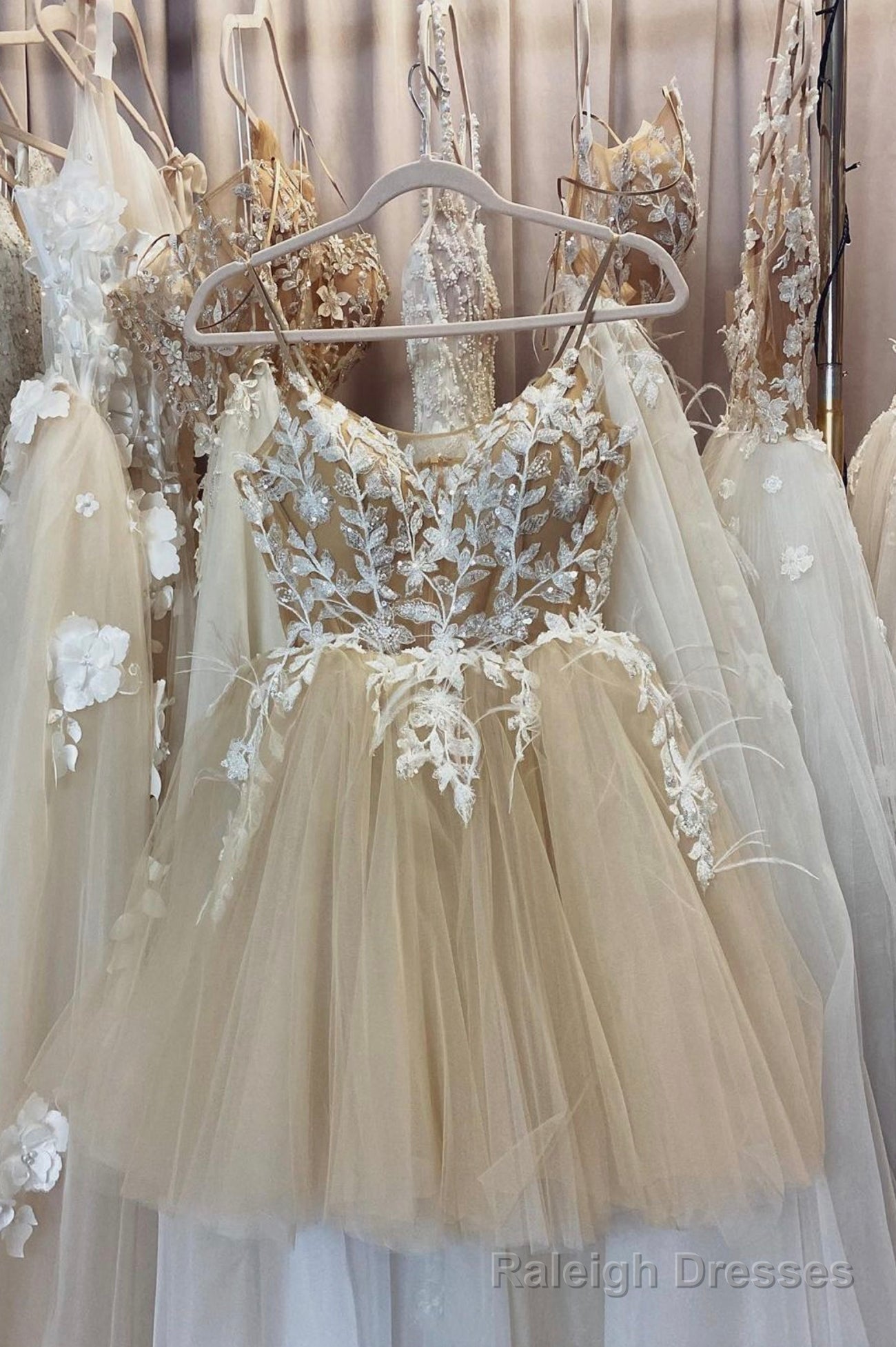 Champagne Spaghetti Lace Short Prom Dresses, A Line Prom Dresses