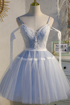 Blue Lace Short A Line Prom Dress, Cute Spaghetti Strap Prom Dress