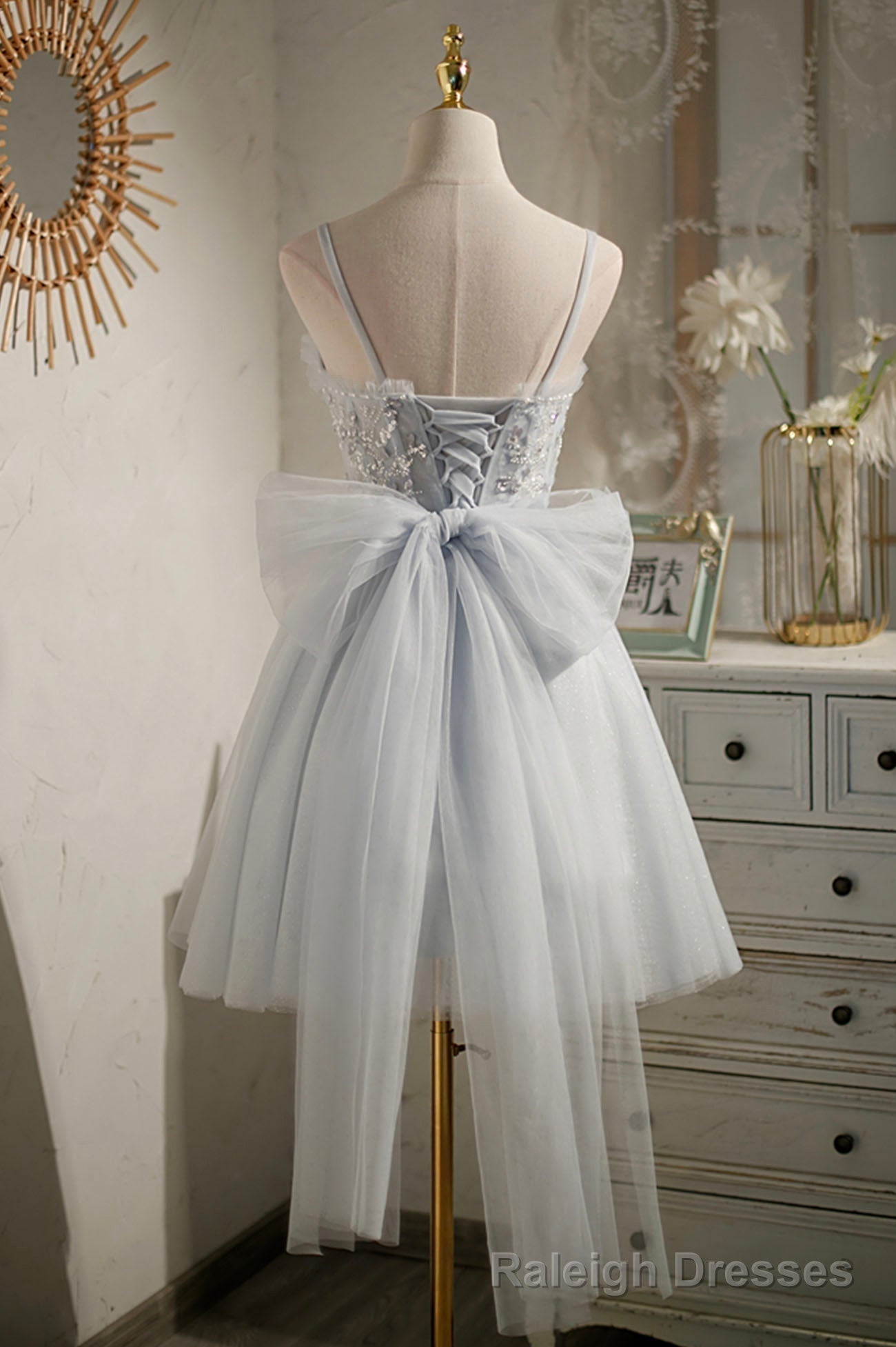 Gray Tulle Short A Line Prom Dress, Cute Prom Prom Dress