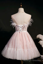 Pink Strapless Lace Short Prom Dress, A-Line Party Dress with Feather