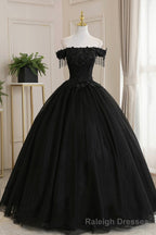 Black Tulle Lace Off the Shoulder Prom Dress, Black A Line Prom Dress