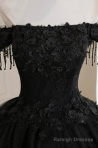 Black Tulle Lace Off the Shoulder Prom Dress, Black A Line Prom Dress