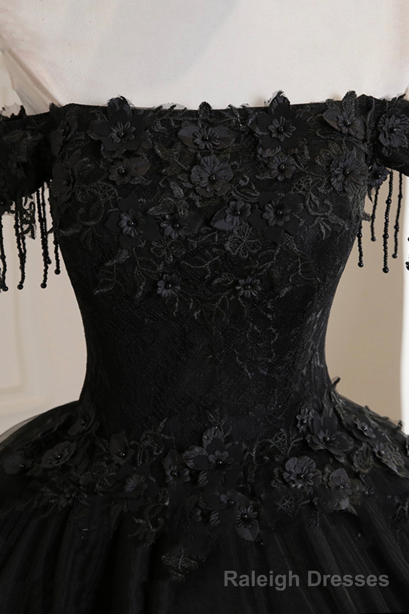 Black Tulle Lace Off the Shoulder Prom Dress, Black A Line Prom Dress