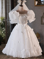 White Tulle Short A Line Prom Dress, Cute Puff Sleeve Prom Dress