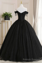 Black Tulle Lace Off the Shoulder Prom Dress, Black A Line Prom Dress