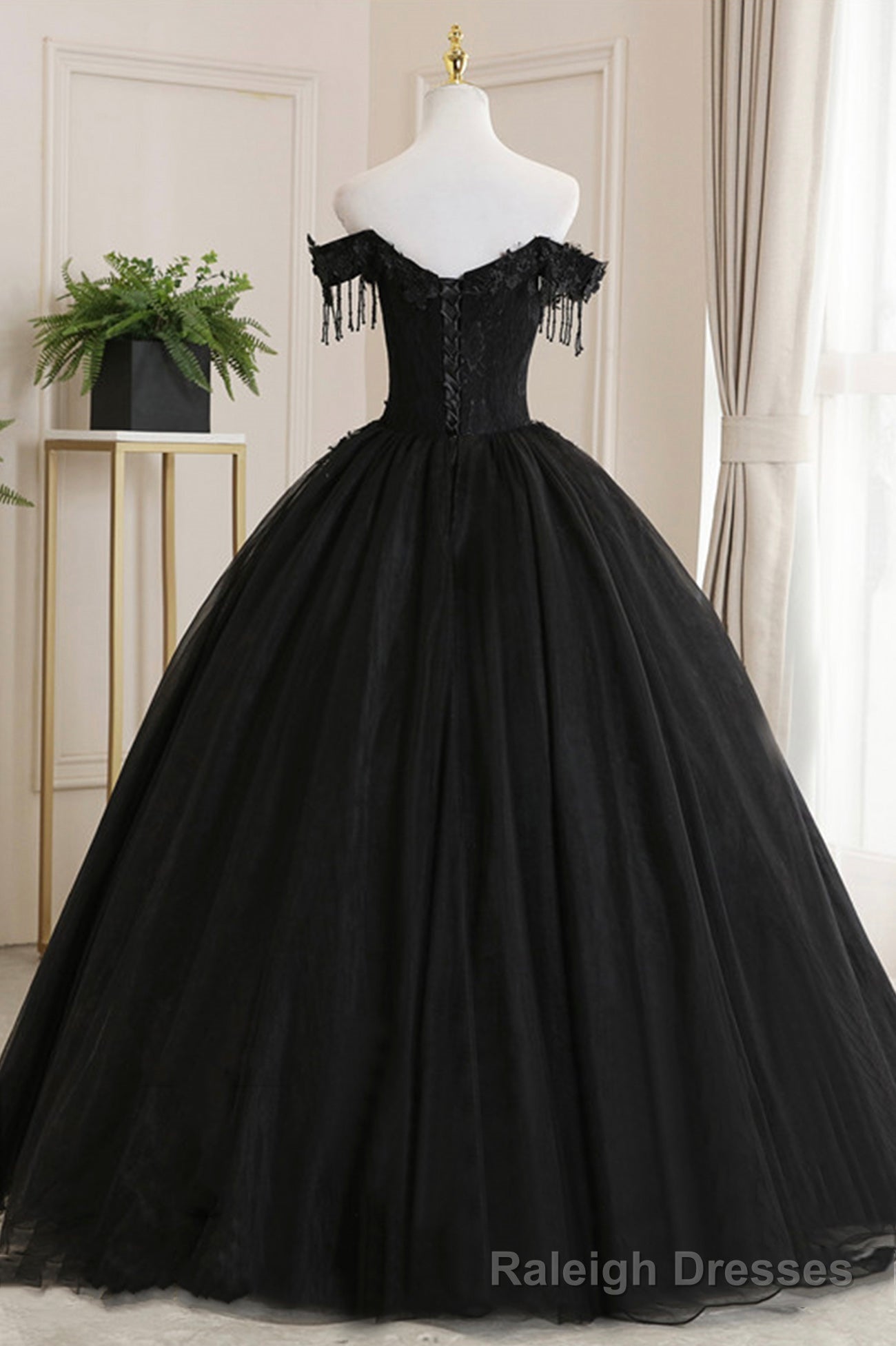 Black Tulle Lace Off the Shoulder Prom Dress, Black A Line Prom Dress