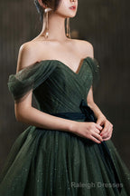 Beautiful Green Tulle Long Prom Dress, A-Line Off the Shoulder Graduation Dress