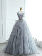 Gray Strapless Tulle Lace Long Prom Dress, A Line Prom Prom Dress