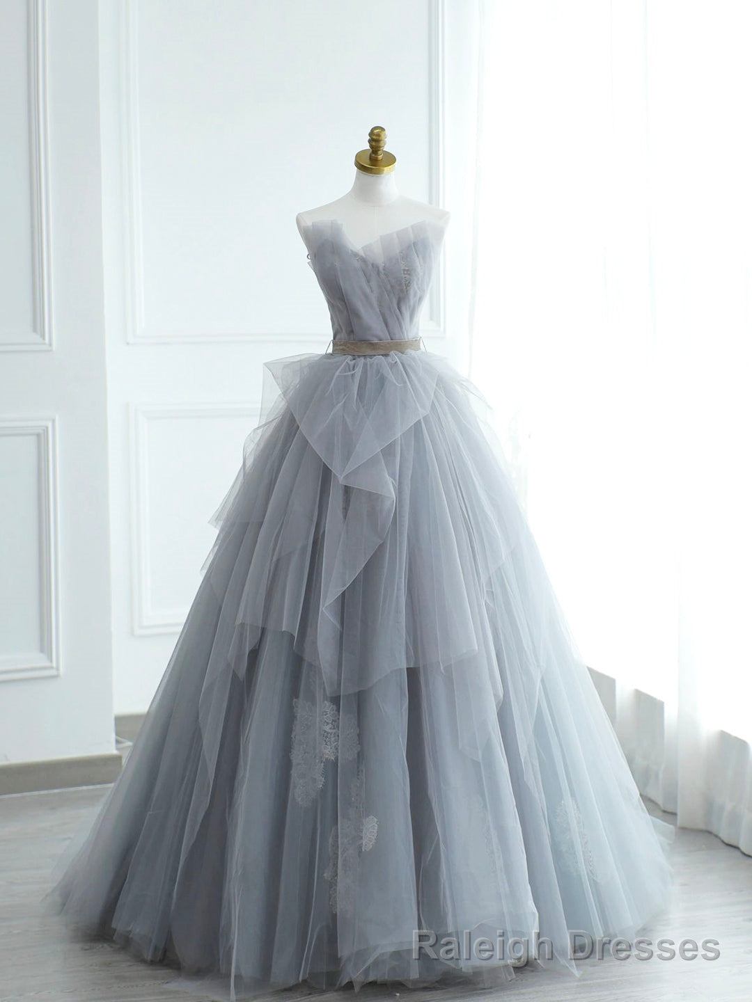 Gray Strapless Tulle Lace Long Prom Dress, A Line Prom Prom Dress