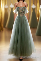 A-Line Green Tulle Long Prom Dress, Off the Shoulder Evening Party Dress