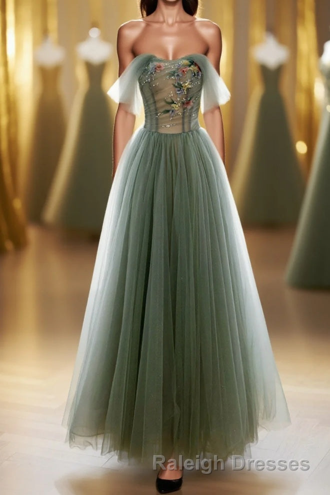 A-Line Green Tulle Long Prom Dress, Off the Shoulder Evening Party Dress