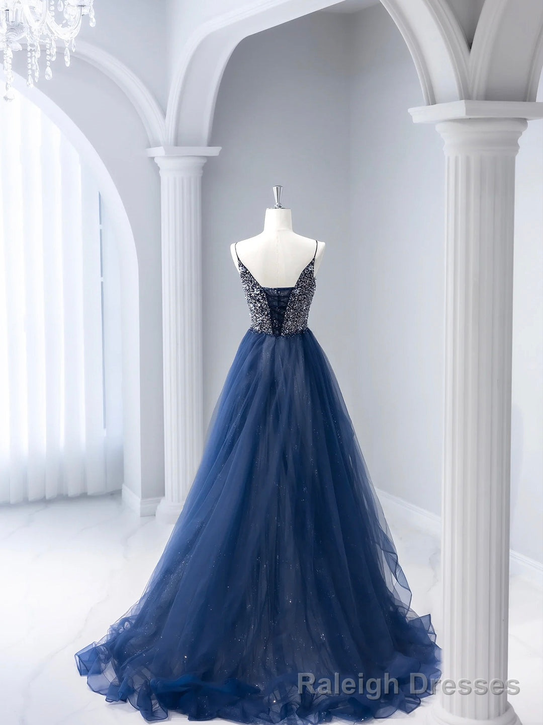 Blue Tulle Beaded Long Prom Dress, A-Line Spaghetti Strap Formal Evening Dress