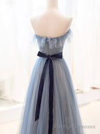 Blue Tulle Long Prom Dress, A-Line Strapless Evening Party Dress