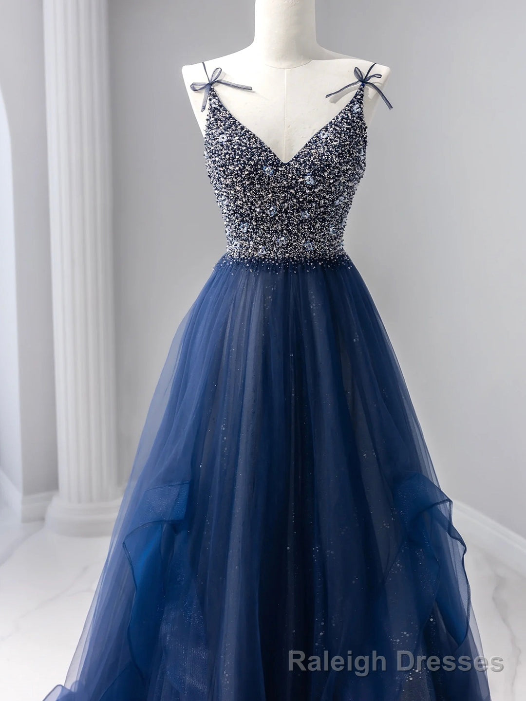 Blue Tulle Beaded Long Prom Dress, A-Line Spaghetti Strap Formal Evening Dress Secondary image