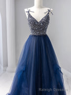 Blue Tulle Beaded Long Prom Dress, A-Line Spaghetti Strap Formal Evening Dress