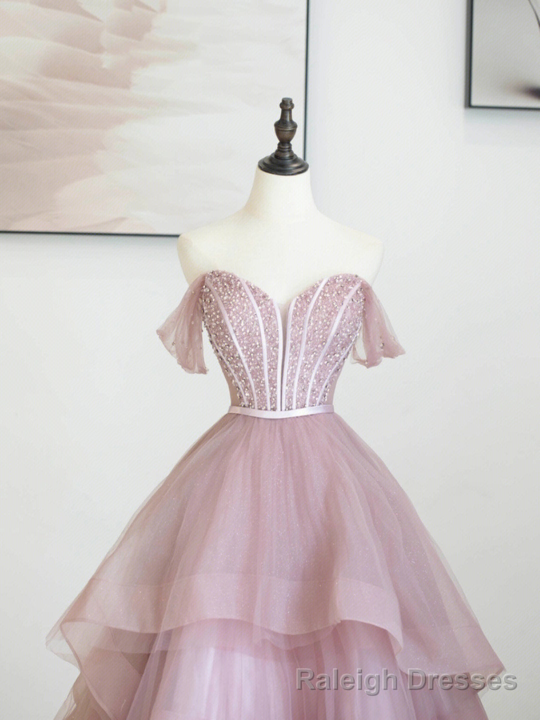Pink Tulle Sequins Long Prom Dress, Off Shoulder Evening Dress