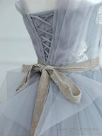 Gray Strapless Tulle Lace Long Prom Dress, A Line Prom Prom Dress