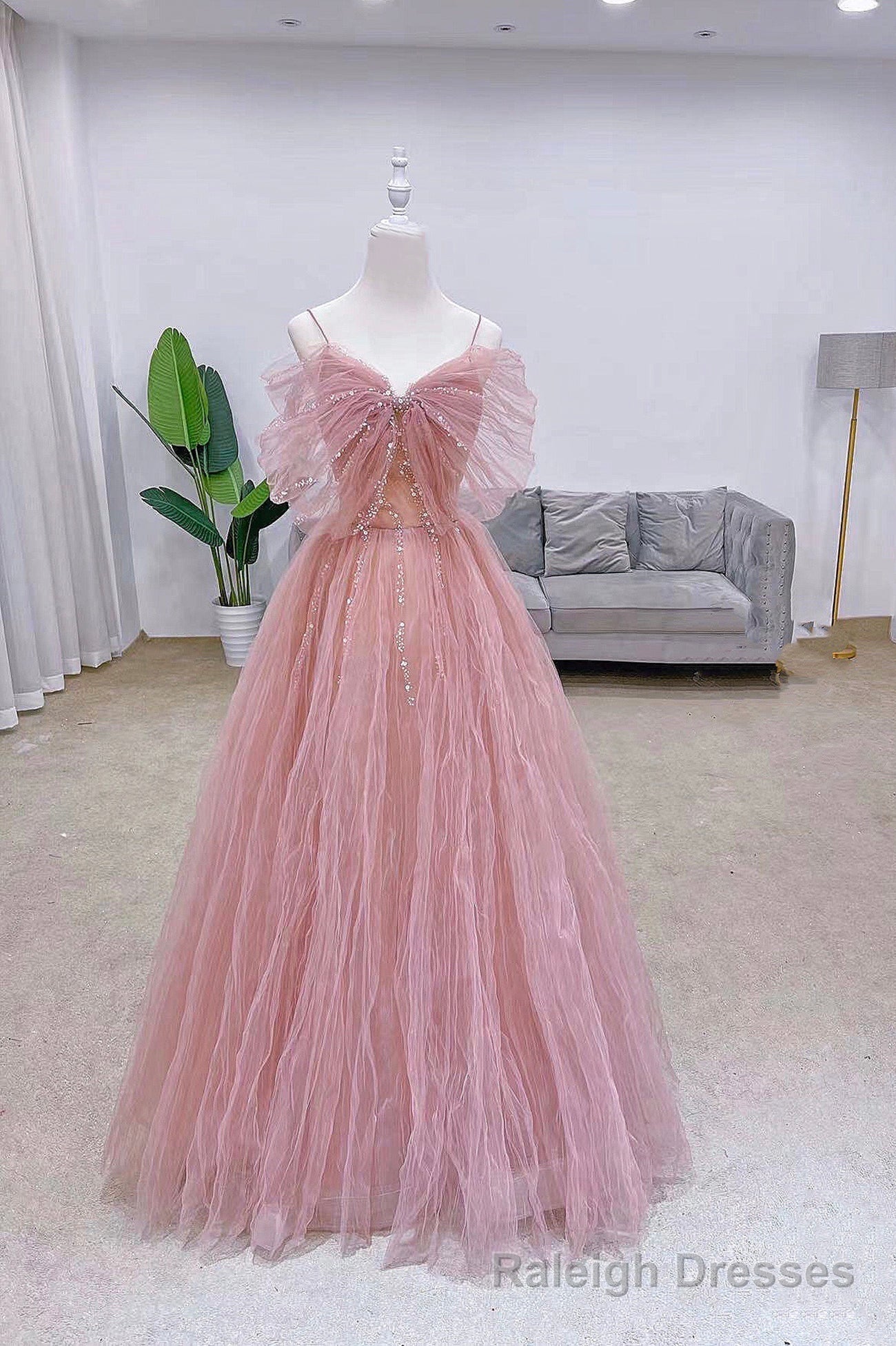 Pink Tulle Sequins Long Prom Dress, Cute A-Line Evening Dress Main image