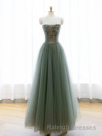 A-Line Green Tulle Long Prom Dress, Off the Shoulder Evening Party Dress