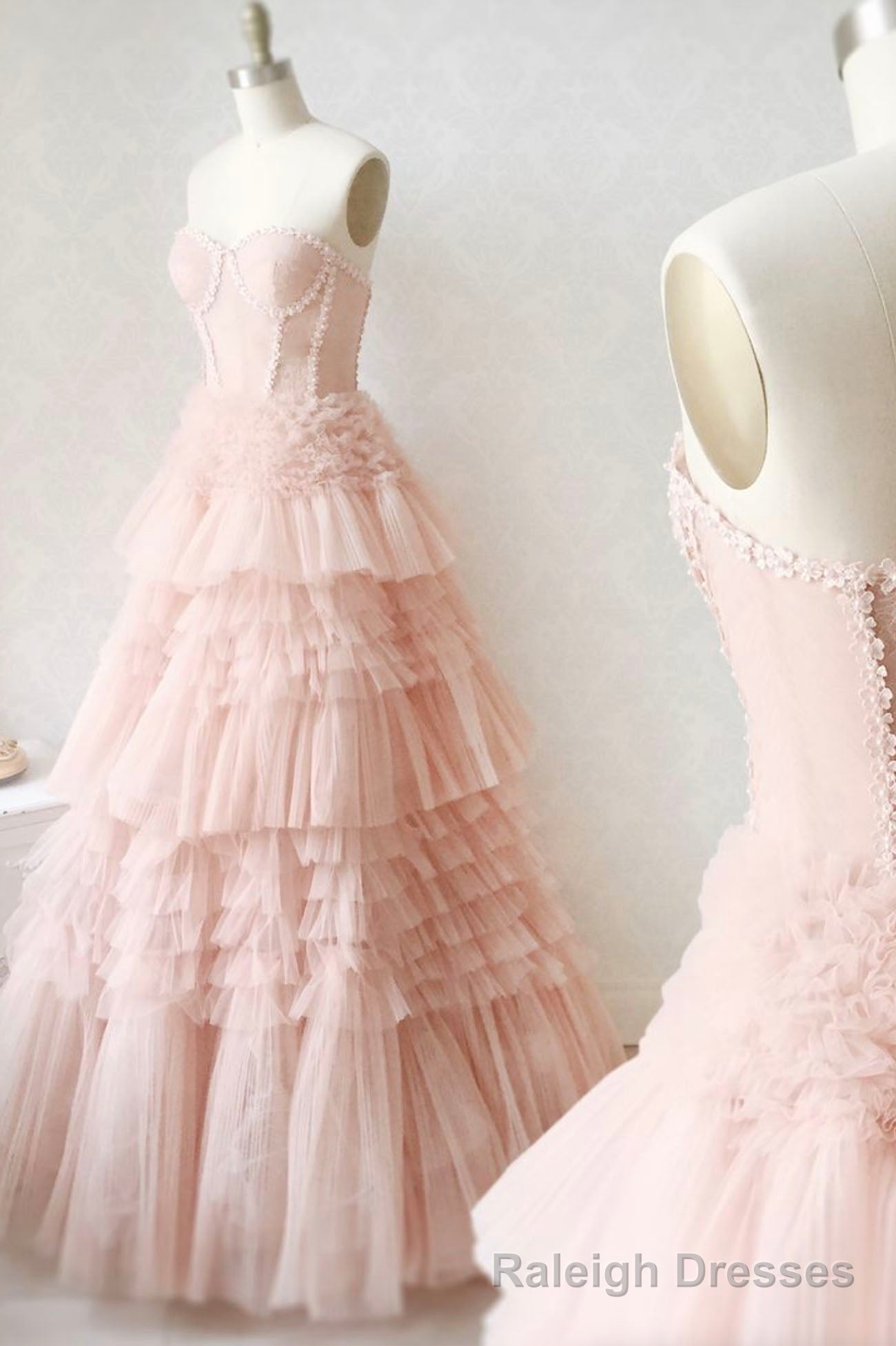 Pink Tulle Lace Long Prom Dresses, A Line Strapless Prom Dresses