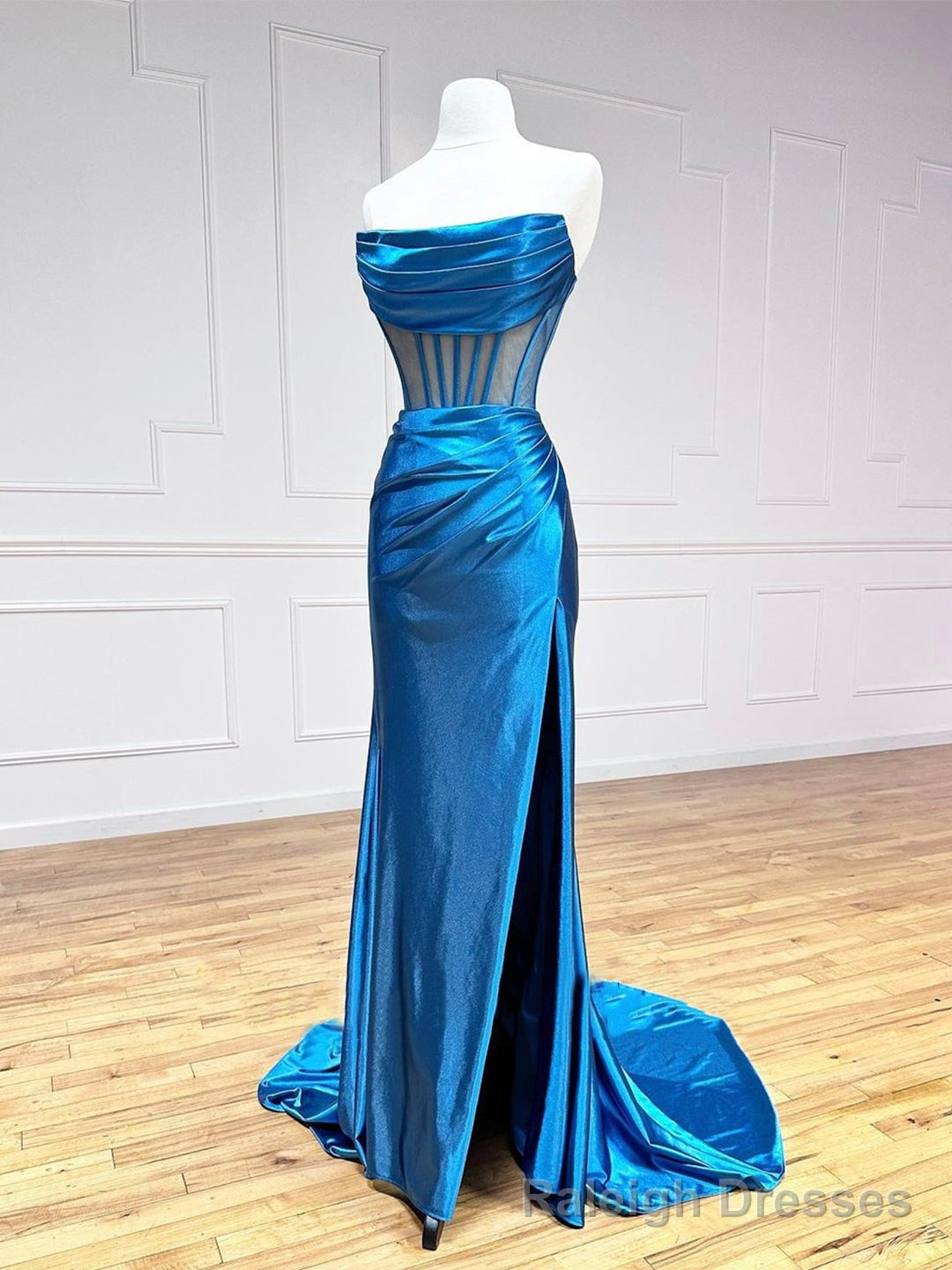 Blue Strapless Pleated Long Prom Dress, Blue Satin Party Dress Main image