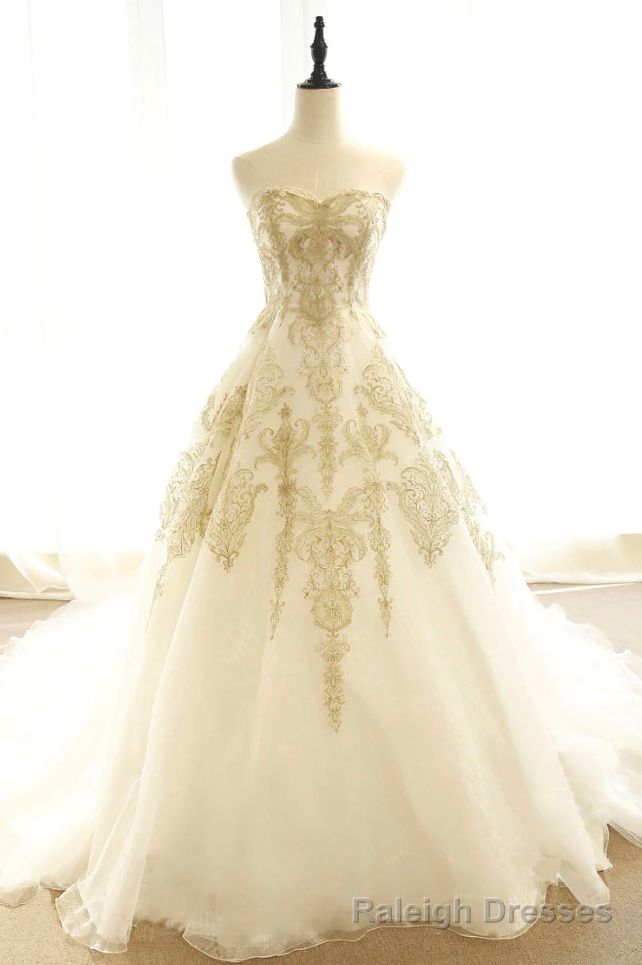 Long Champagne Strapless Tulle Lace Prom Dress, A Line Prom Dress with Train Main image
