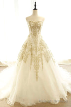 Long Champagne Strapless Tulle Lace Prom Dress, A Line Prom Dress with Train