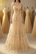 Champagne Lovely Tulle Lace Long Prom Dress, Champagne Evening Dress