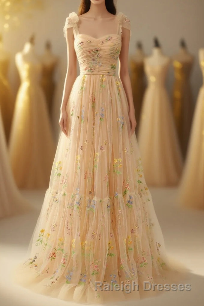 Champagne Lovely Tulle Lace Long Prom Dress, Champagne Evening Dress