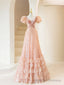 Pink Sequins Long Prom Dress, Lovely A-Line Short Sleeve Evening Party Dress
