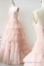 Pink Tulle Lace Long Prom Dresses, A-Line Strapless Evening Dresses
