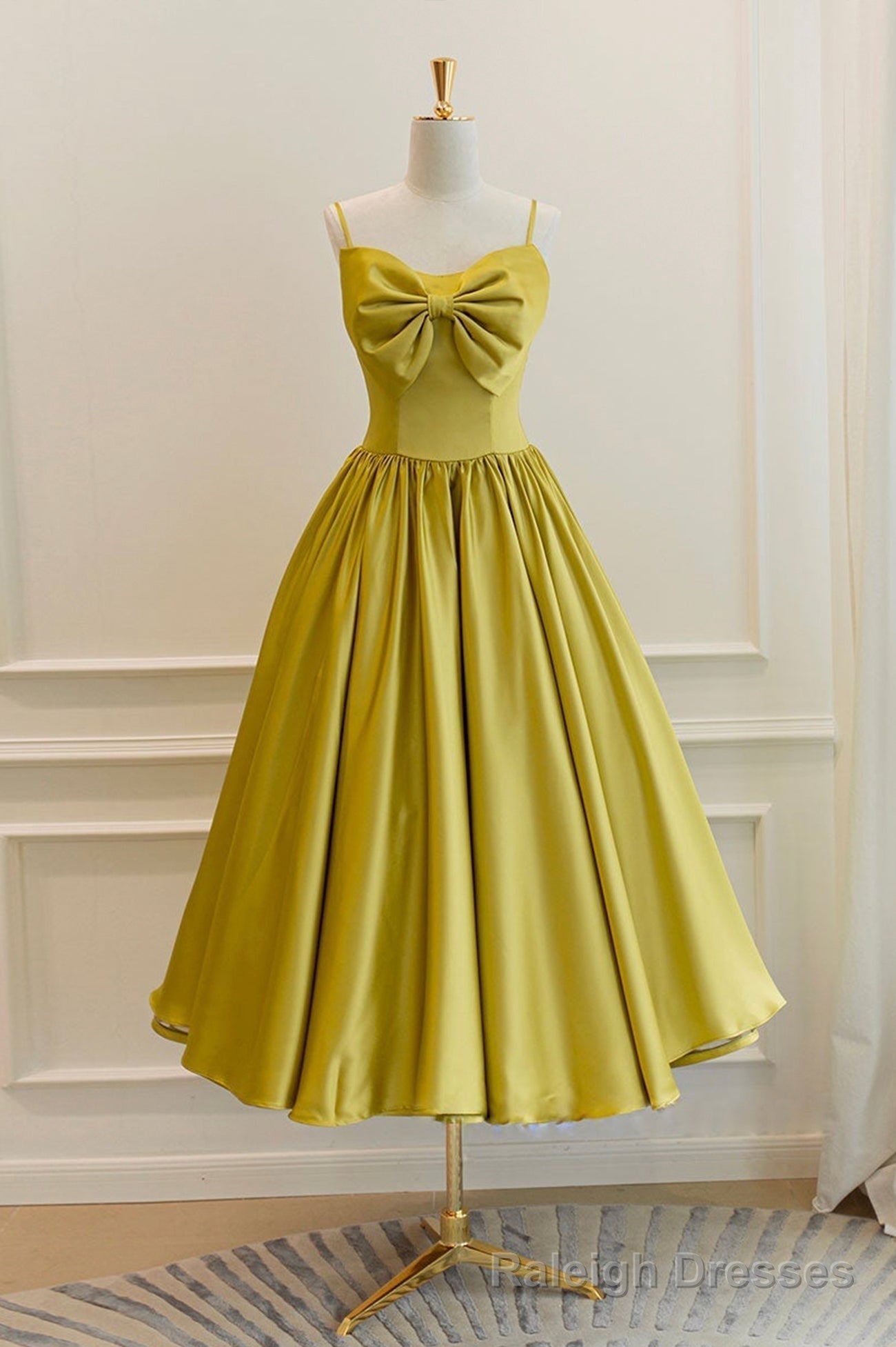 Yellow Satin Short Prom Dresses, Cute A-Line Bow Homecoming Dresses