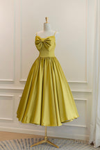 Yellow Satin Short Prom Dresses, Cute A-Line Bow Homecoming Dresses