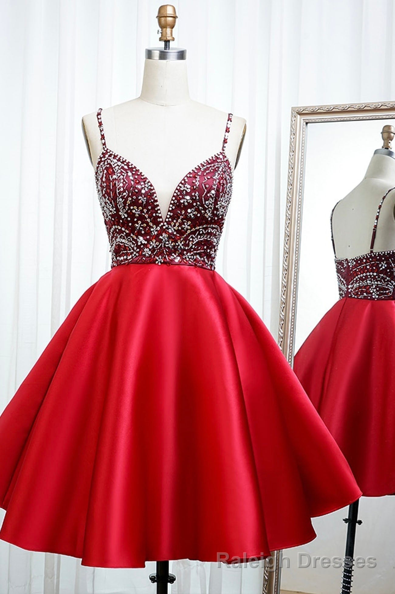 Red Satin Beading Short Prom Dresses, A-Line Homecoming Dresses Main image