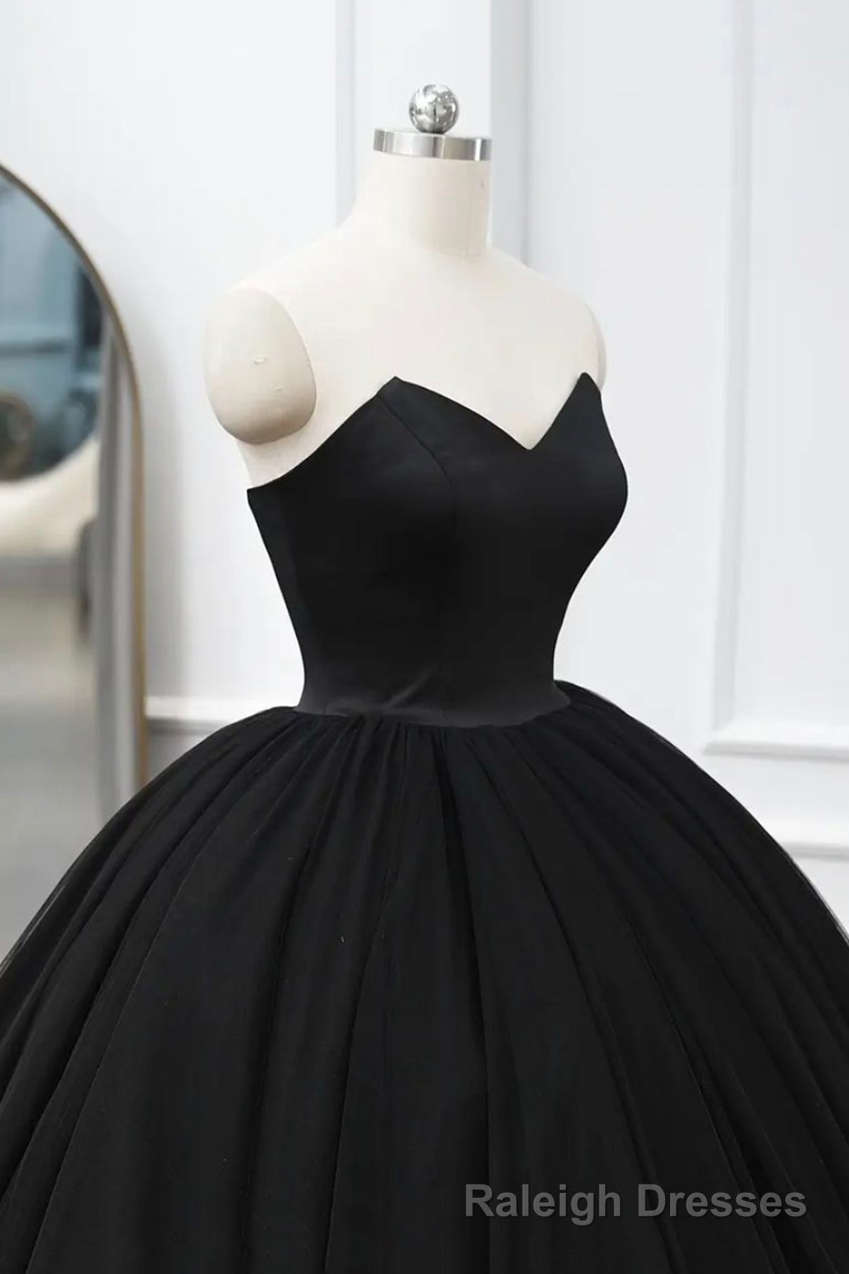 Black Tulle Long A-Line Prom Dresses, Black Strapless Long Evening Dresses
