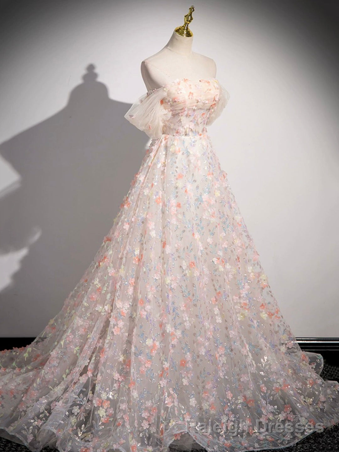 Lovely Three-dimensional Floral Floor Length Prom Dress, Off the Shoulder Evening Party Dress