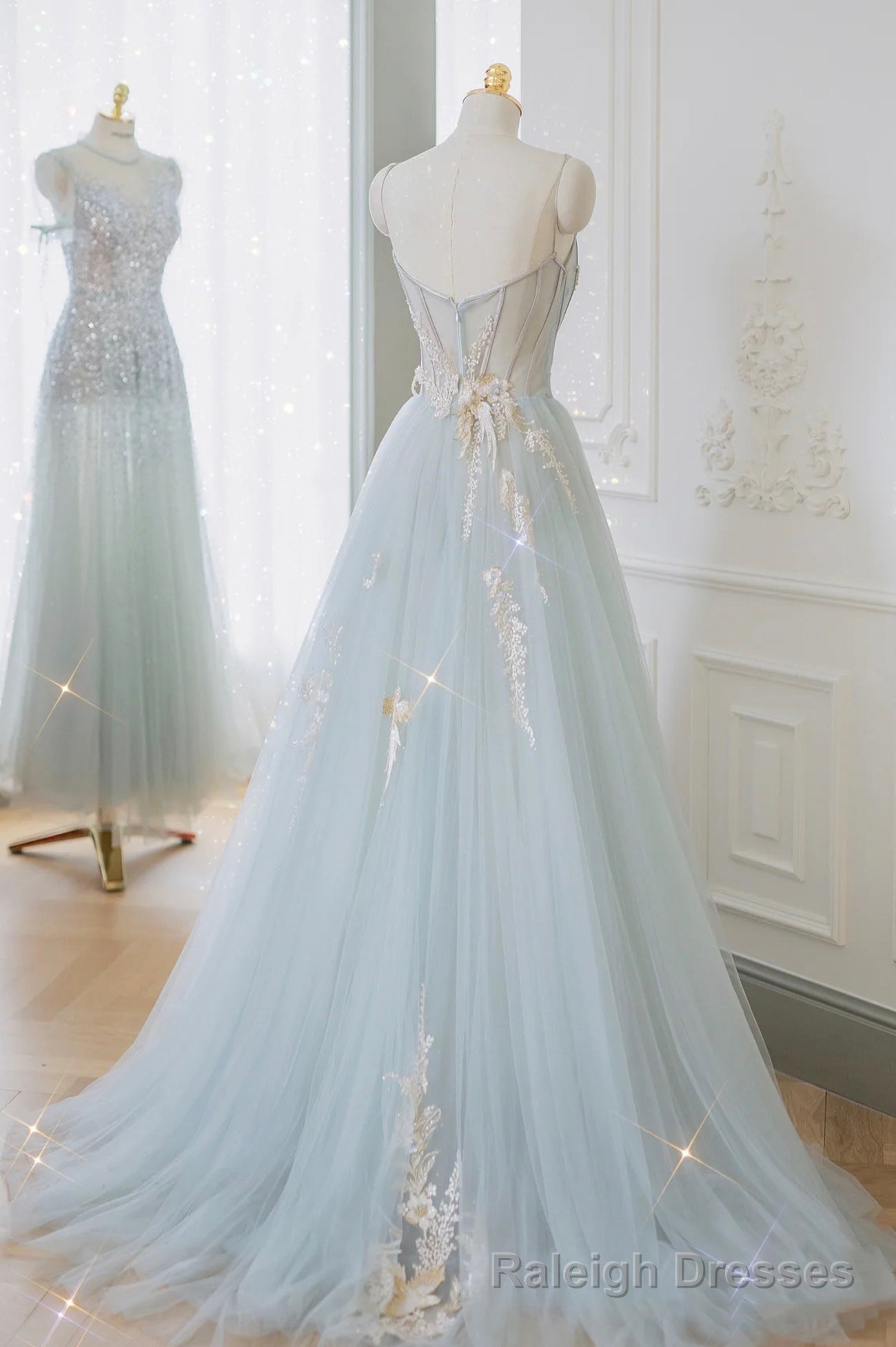Blue Tulle Lace Long Prom Dress, A-Line Strapless Evening Dress Secondary image