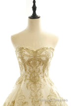 Long Champagne Strapless Tulle Lace Prom Dress, A Line Prom Dress with Train