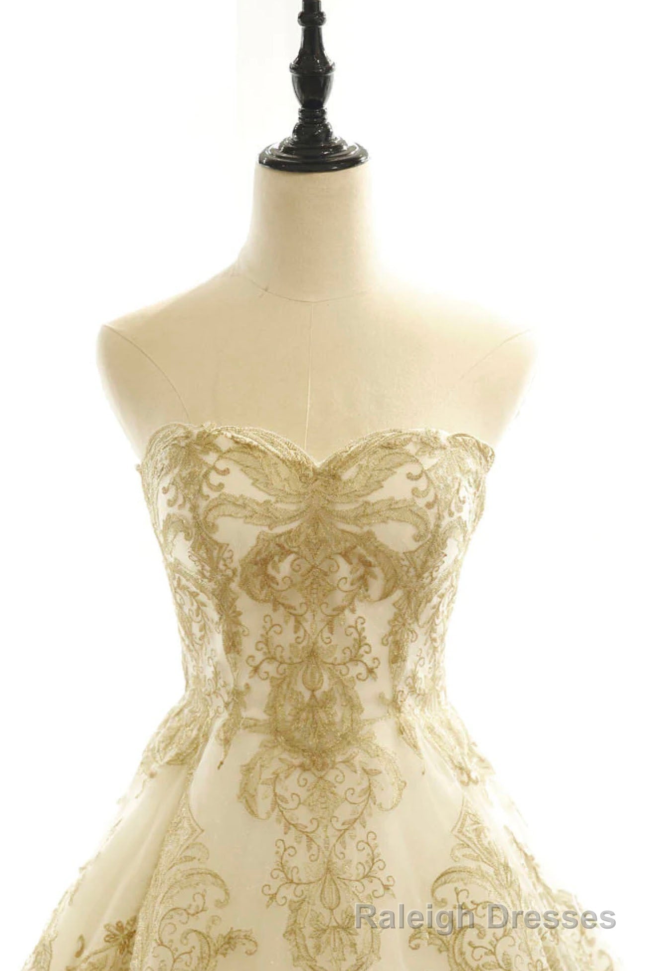 Long Champagne Strapless Tulle Lace Prom Dress, A Line Prom Dress with Train