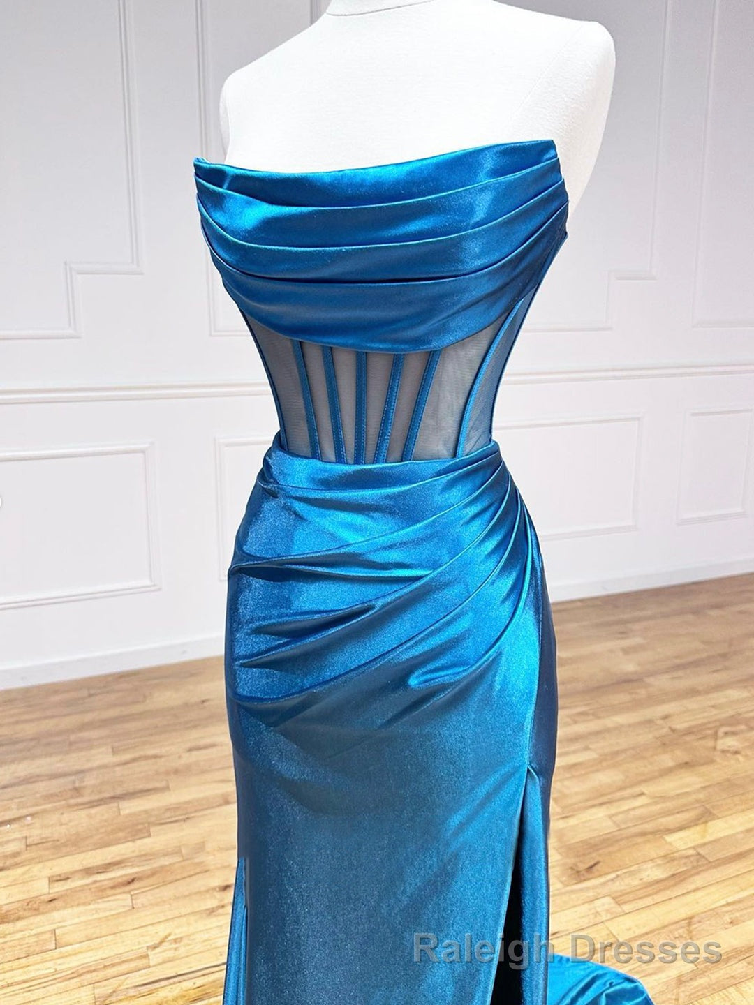 Blue Strapless Pleated Long Prom Dress, Blue Satin Party Dress Secondary image