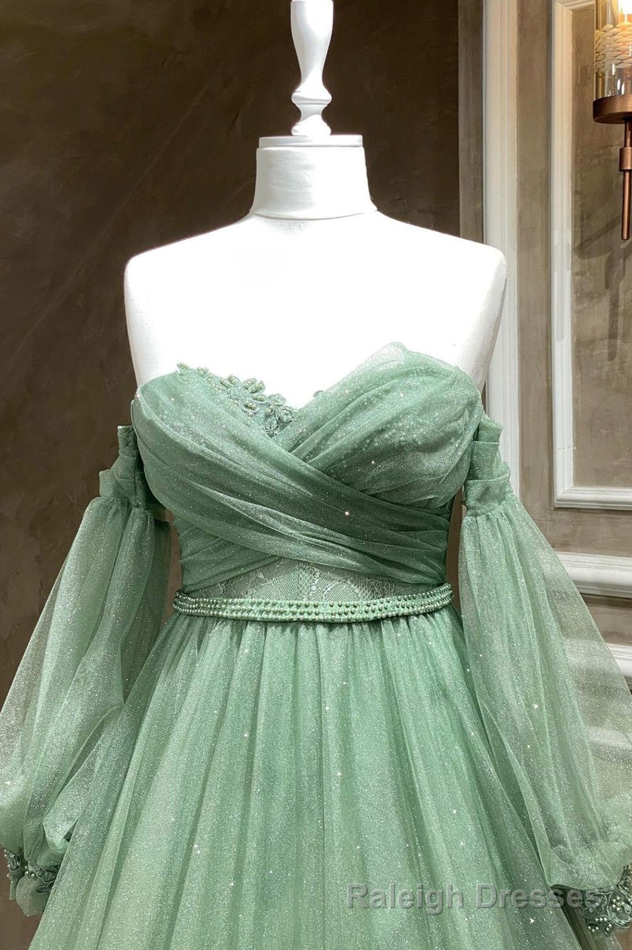 Green Tulle Long Sleeve Prom Dress, A-Line Off the Shoulder Evening Dress Secondary image